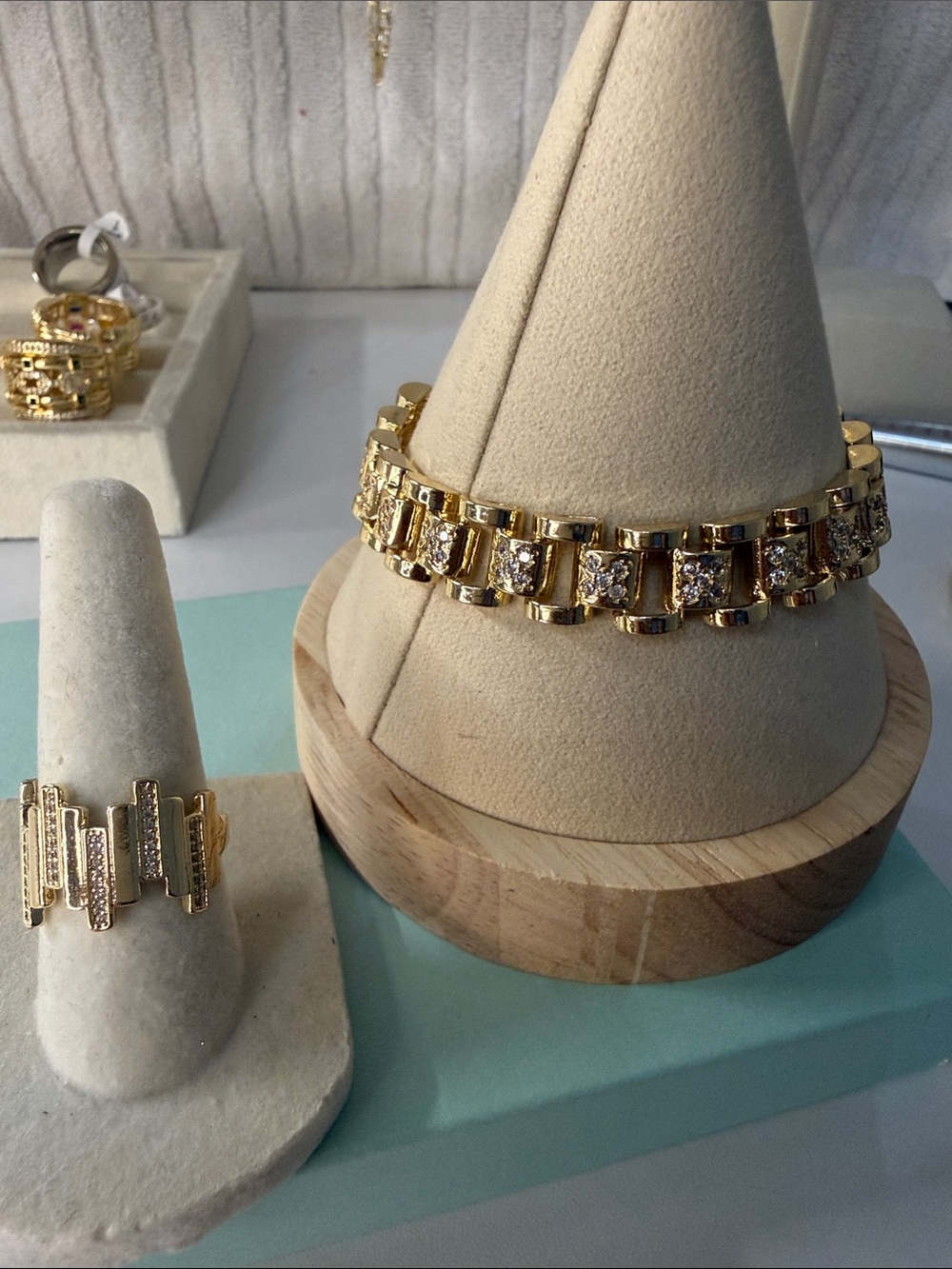 Gold CZ Link Bracelet and Adjustable Pave Ring